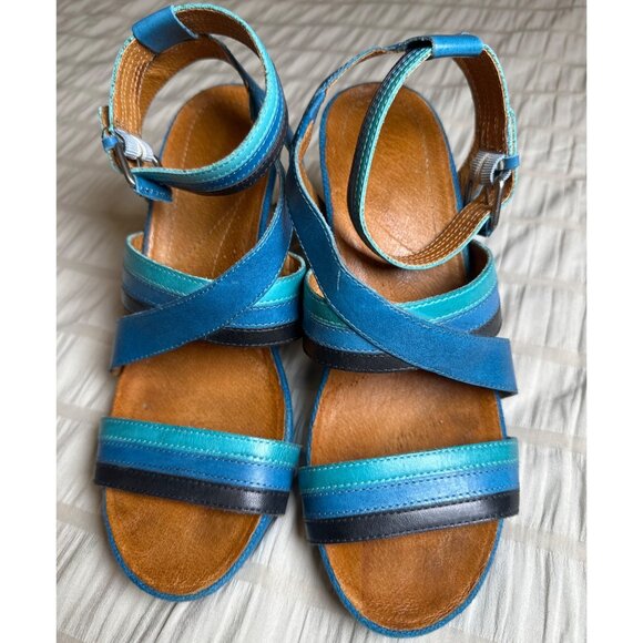 NAYA Mint Blue Black LEATHER Women Size 8 1/2 M Ankle Strap BAMBOO Heeled Sandal - Picture 3 of 9